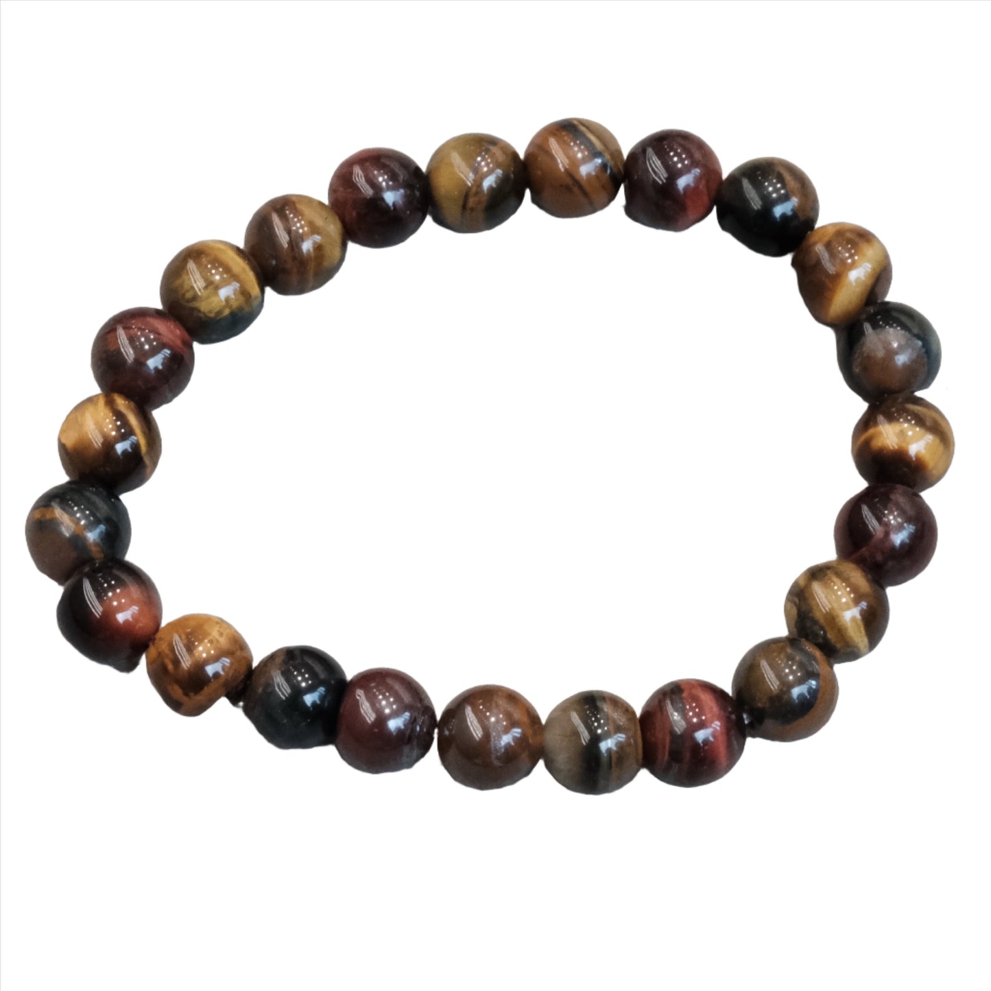 Tri Color Tiger Eye Bracelet 8mm for focus, protection, and mood stabilization; enhances willpower and courage; 8mm healing beads.