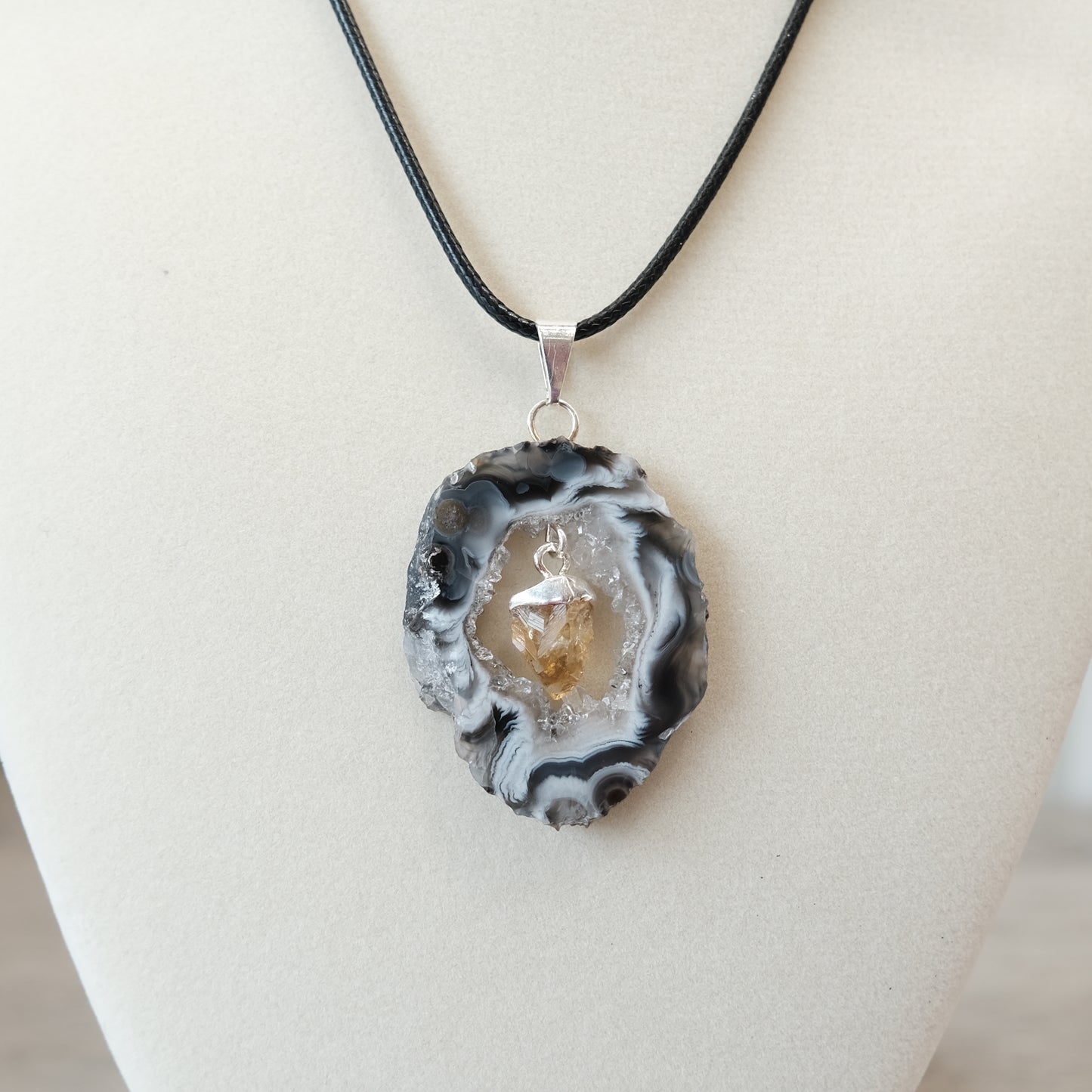 Agate Slice with Citrine Pendant Necklace for Rebalancing and Aura Cleansing, Black Cord, Enhances Wellbeing and Spiritual Harmony