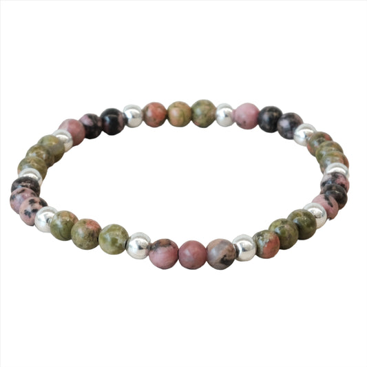 Multicolored 4MM allergy bracelet with round beads in shades of pink, green, brown, and silver.
