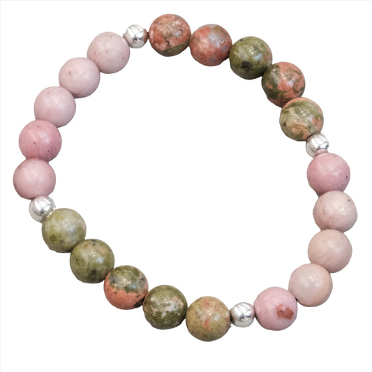 Multicolored 8MM allergy bracelet designed to help diminish seasonal allergies, featuring pink and green beads with silver accents.