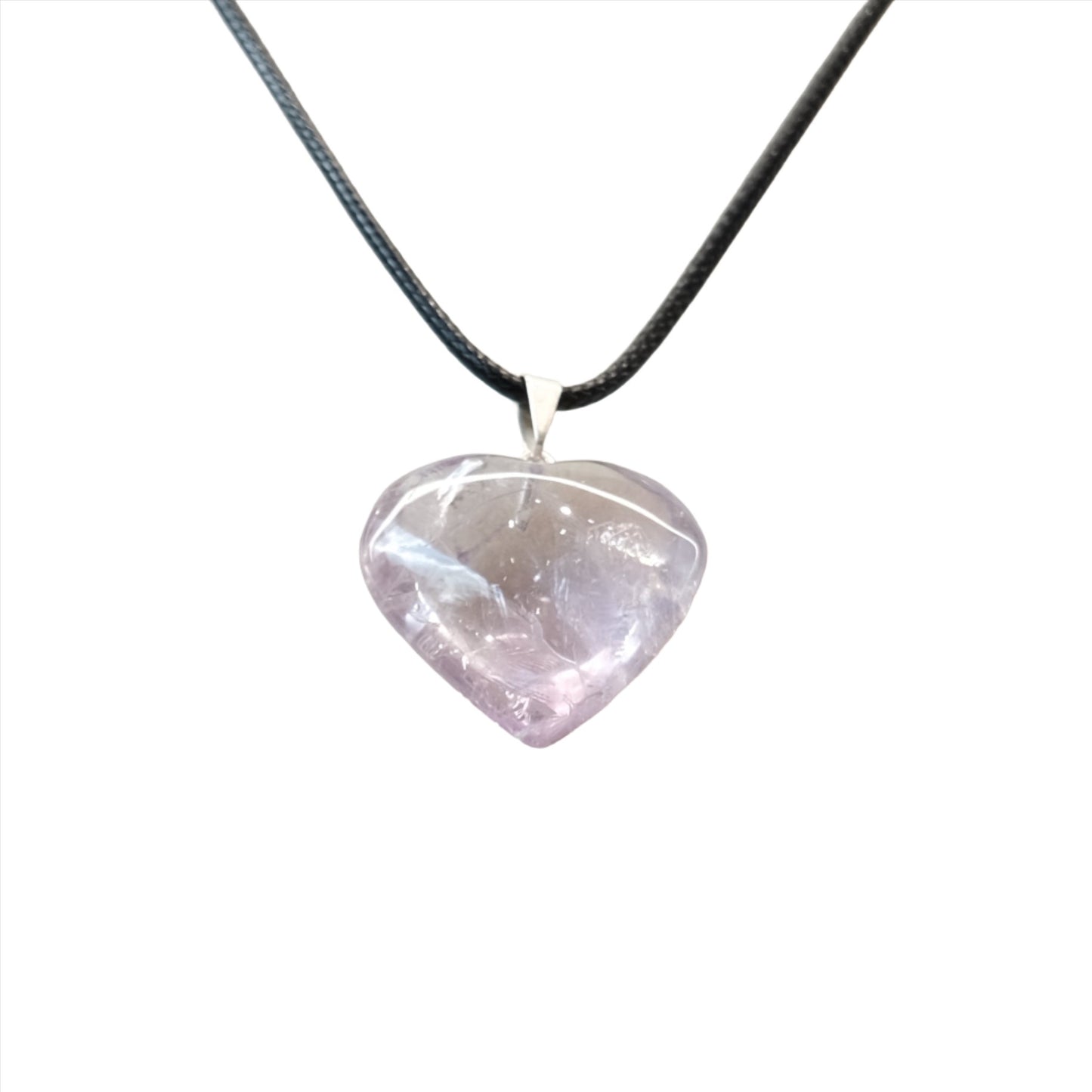 Amethyst heart pendant necklace on black cord, a healing crystal promoting stress relief and enhancing clarity and spirituality.