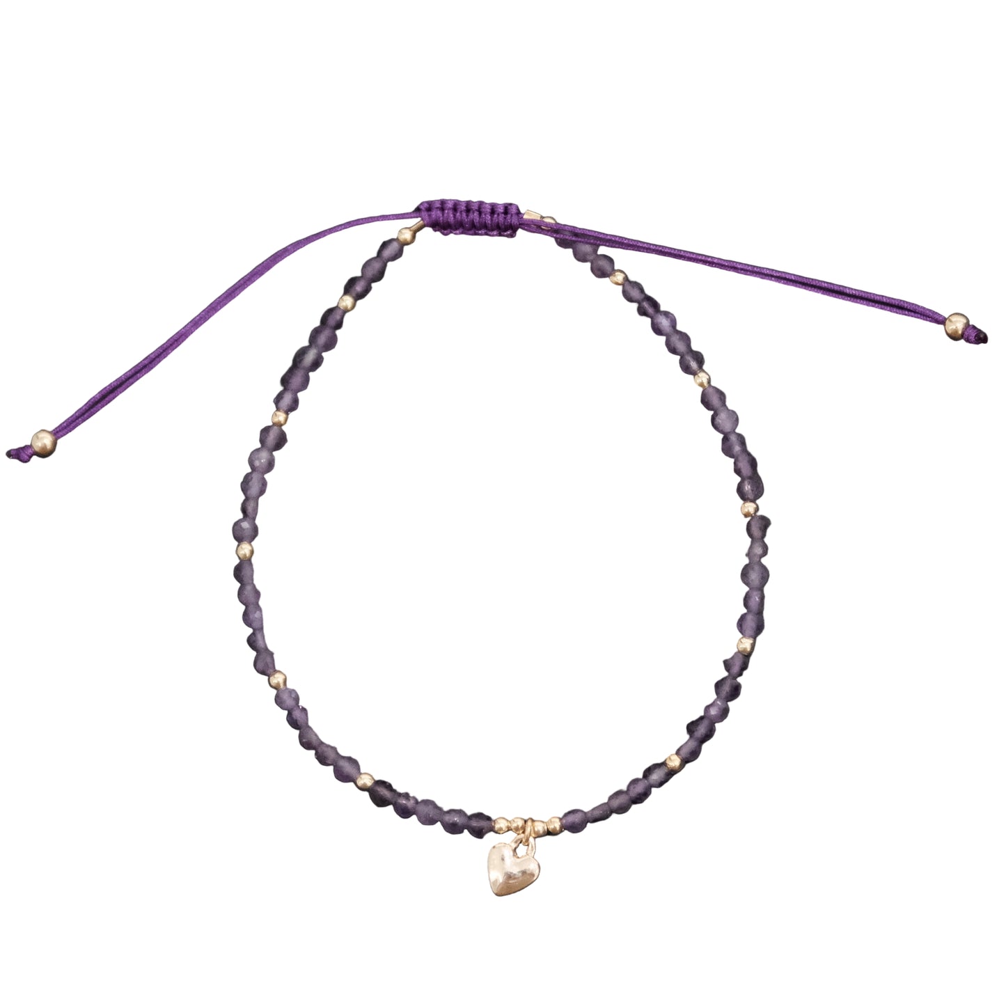Amethyst Faceted Beads with Heart Charm Drawstring Adjustable Bracelet - Spiritual Insight, Inner Calm & Deep Healing