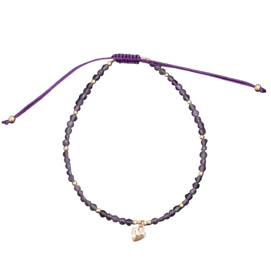 Amethyst Faceted Beads with Heart Charm Drawstring Adjustable Bracelet - Spiritual Insight, Inner Calm & Deep Healing