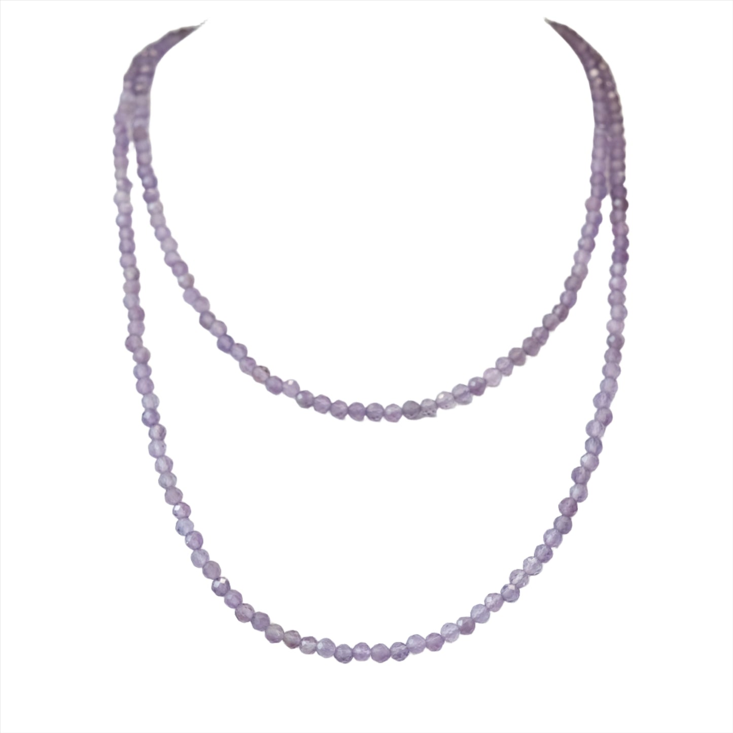 Amethyst faceted 31" necklace, 3MM beads, double strand, versatile multi-wrap bracelet, promotes stress relief and clarity.