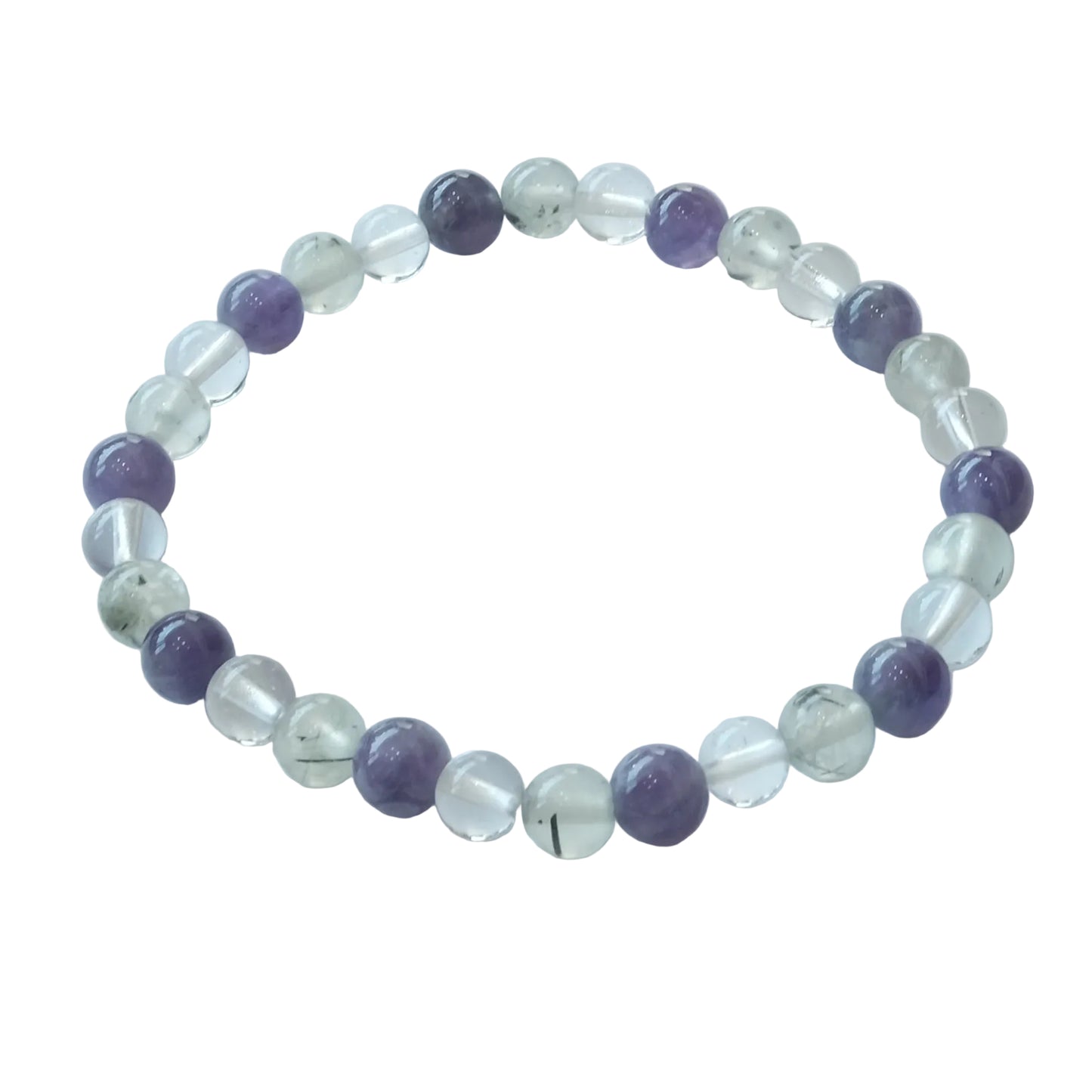 A beaded stretch bracelet featuring alternating translucent clear crystal beads and smooth purple round beads, displayed on a light gray background.