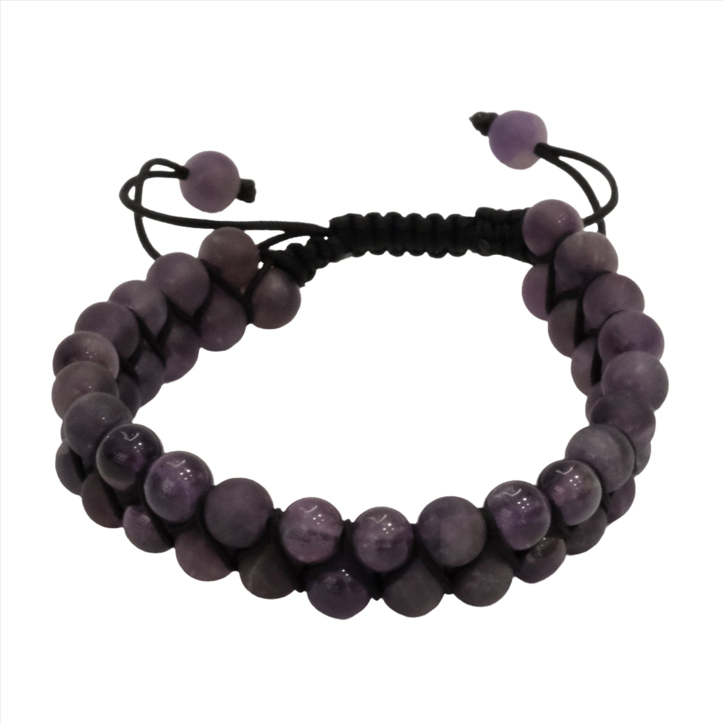 Amethyst double row adjustable bracelet with round beads, enhances spirituality and mood, reduces stress and insomnia.
