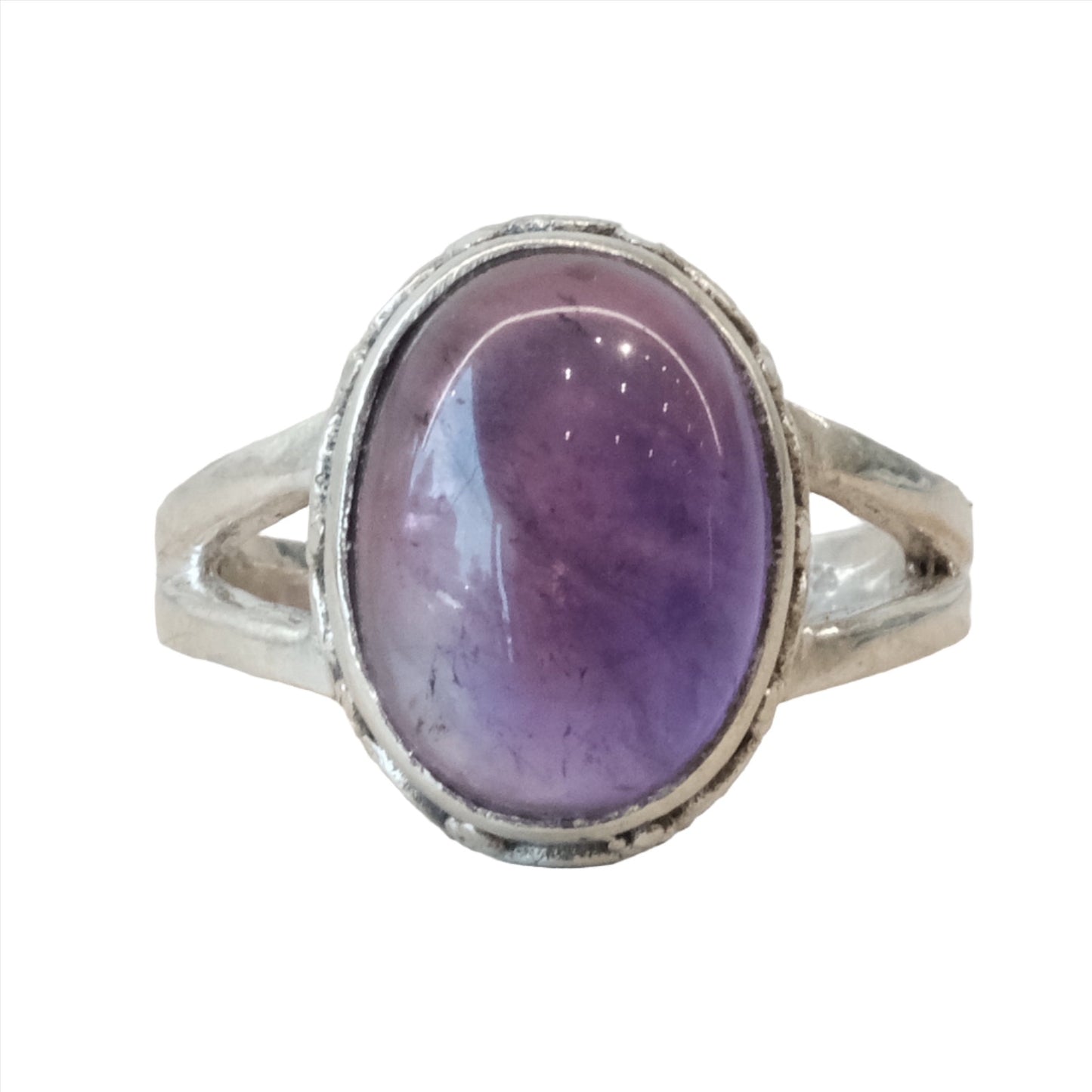 Amethyst oval sterling silver ring size 7, promotes stress relief, mood stability, and spiritual clarity, stylish and healing jewelry.