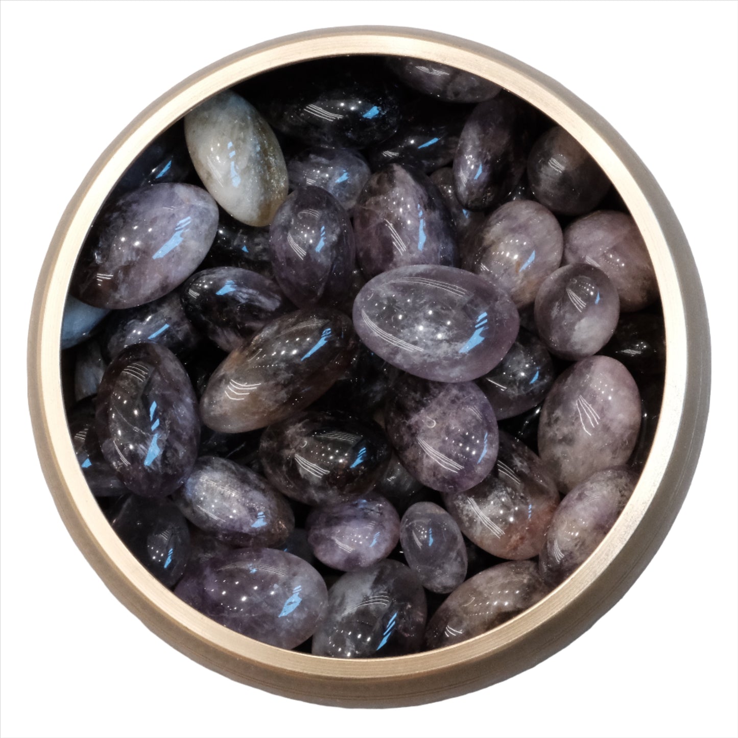 Ametrine tumbled stones in a wooden bowl, promoting calm, creativity, and balancing emotions, size 20-40mm.