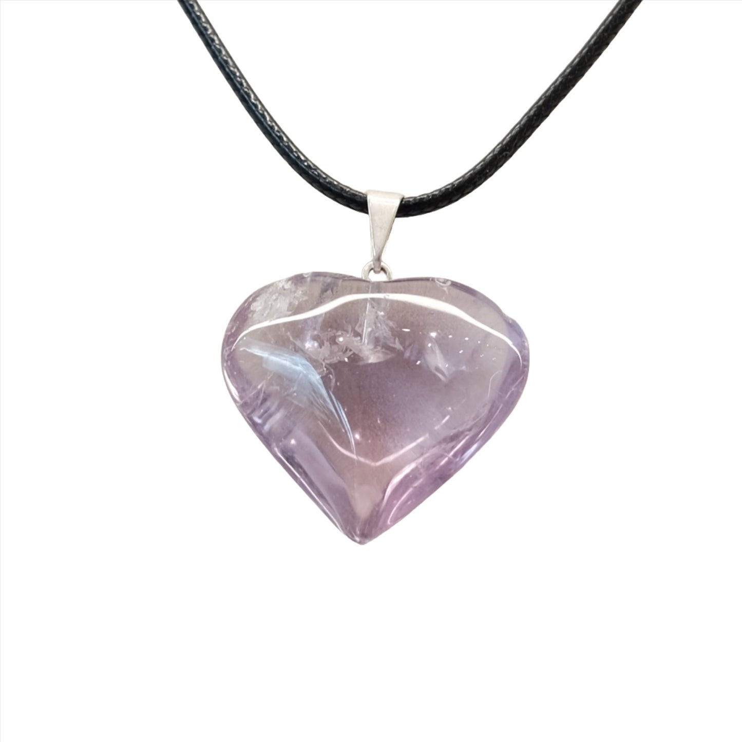Amethyst heart pendant necklace on black cord, featuring healing crystals for stress relief and mood stabilization.