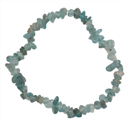 Blue Apatite Chip Bracelet for meditation, communication, motivation, and health benefits. Supports joint health and boosts metabolism.