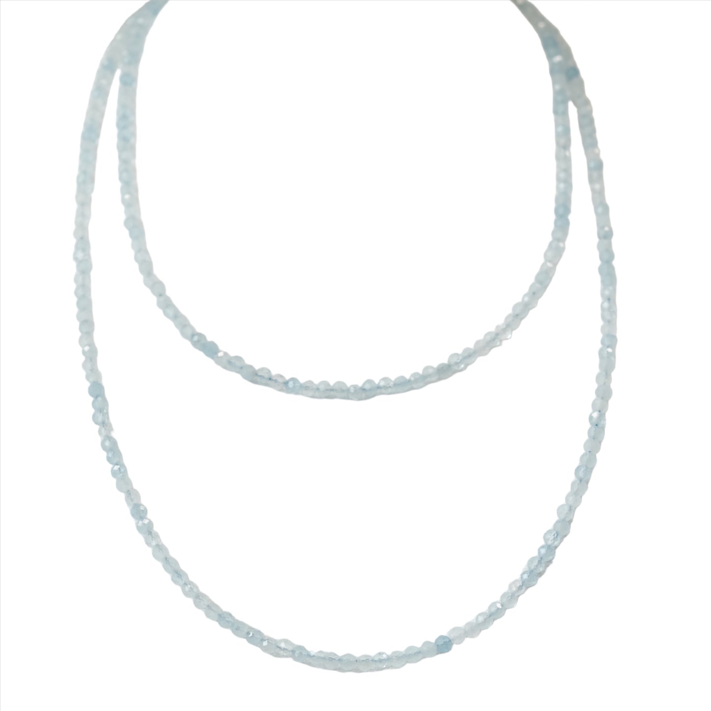 Aquamarine 31" faceted necklace and multi-wrap bracelet, 3MM beads, promoting calmness and courage.