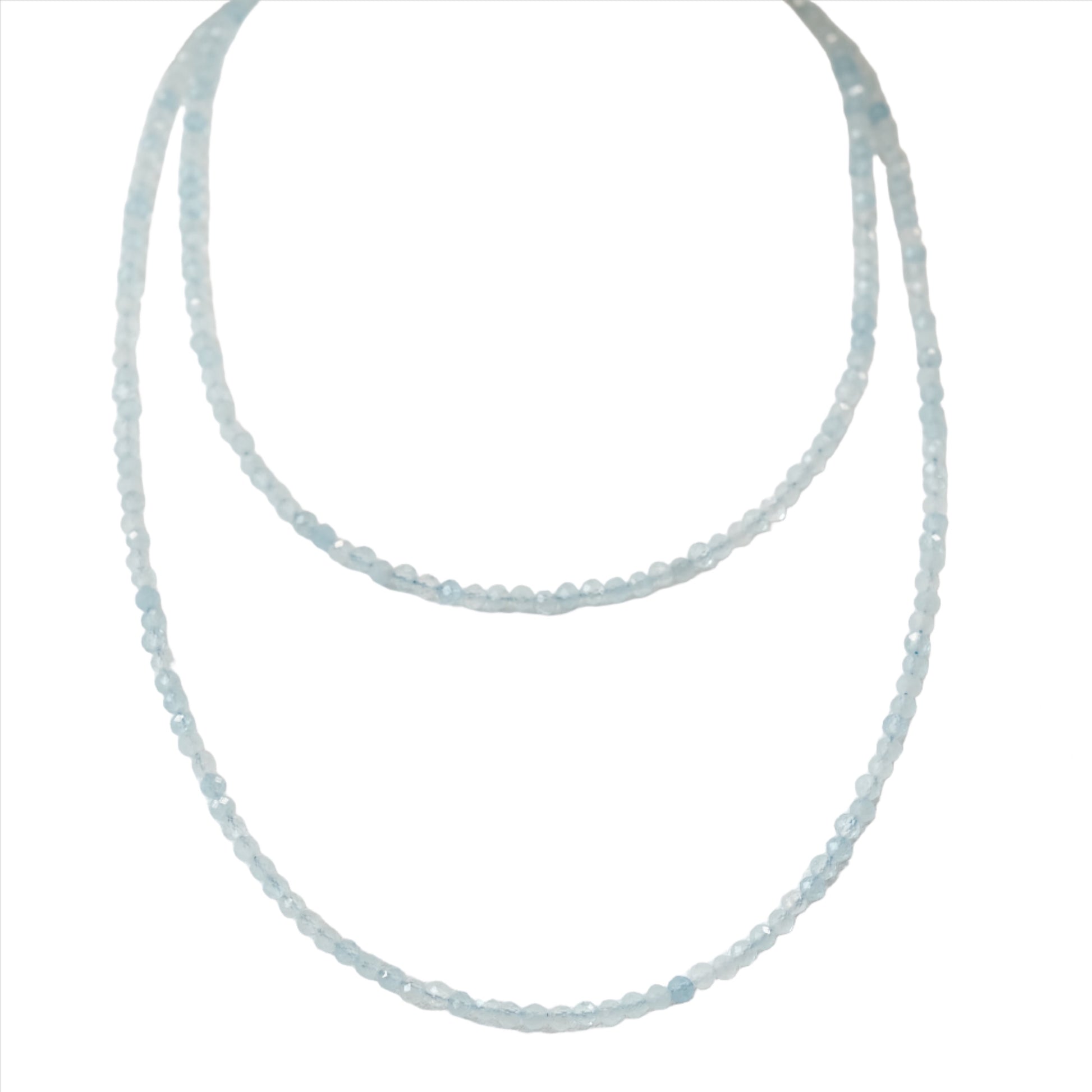 Aquamarine 31" faceted necklace and multi-wrap bracelet, 3MM beads, promoting calmness and courage.
