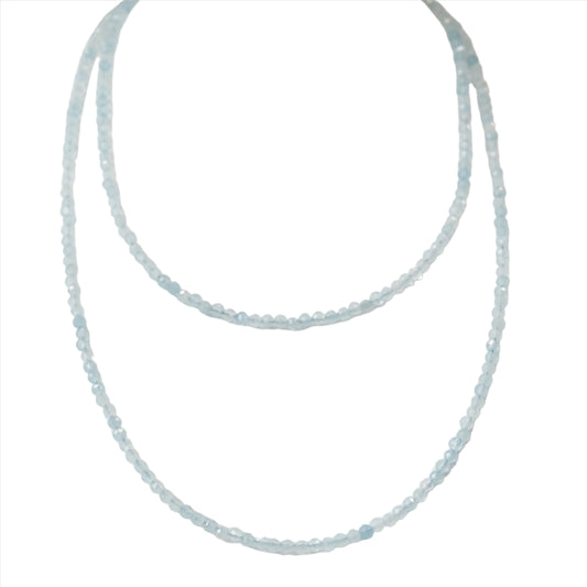 Aquamarine 31" faceted necklace and multi-wrap bracelet, 3MM beads, promoting calmness and courage.