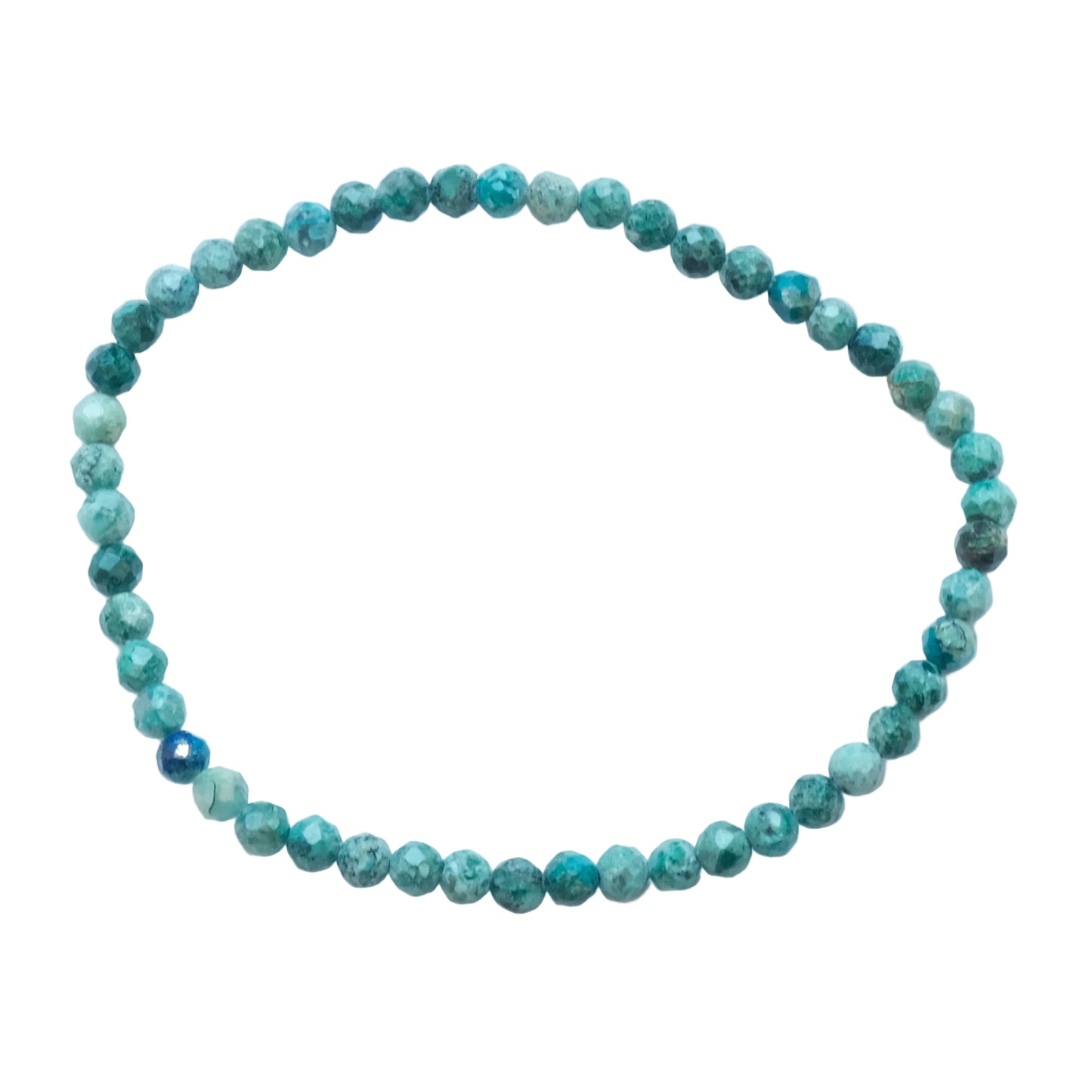 A beaded stretch bracelet made of faceted round beads in shades of teal, green, and blue, with one small dark blue bead, shown on a plain white background.