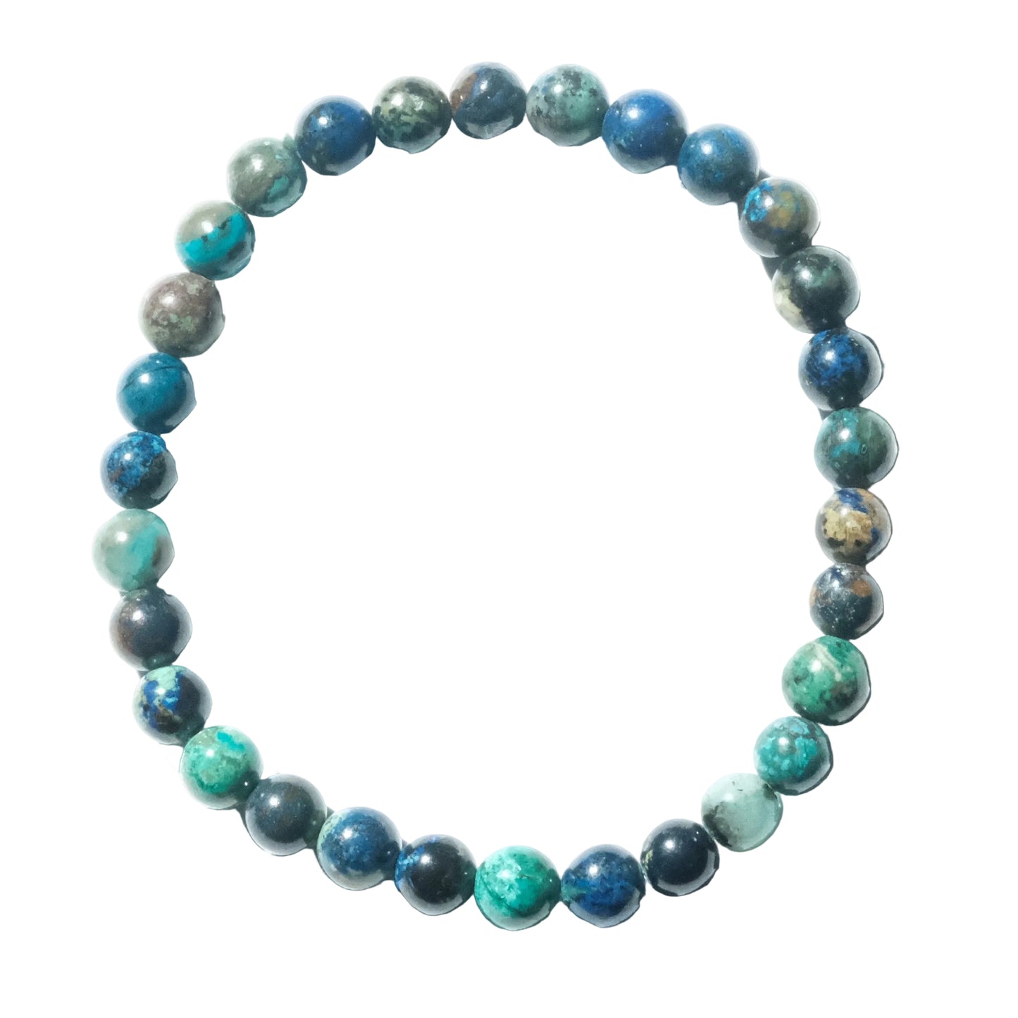 A beaded stretch bracelet made of polished round gemstone beads in shades of blue, teal, green, and gray, arranged in a circle on a white background.