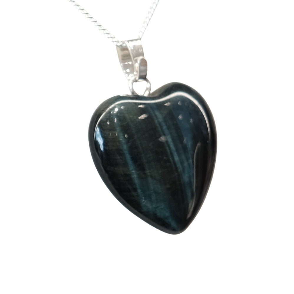 Small blue tiger eye heart pendant on silver chain.