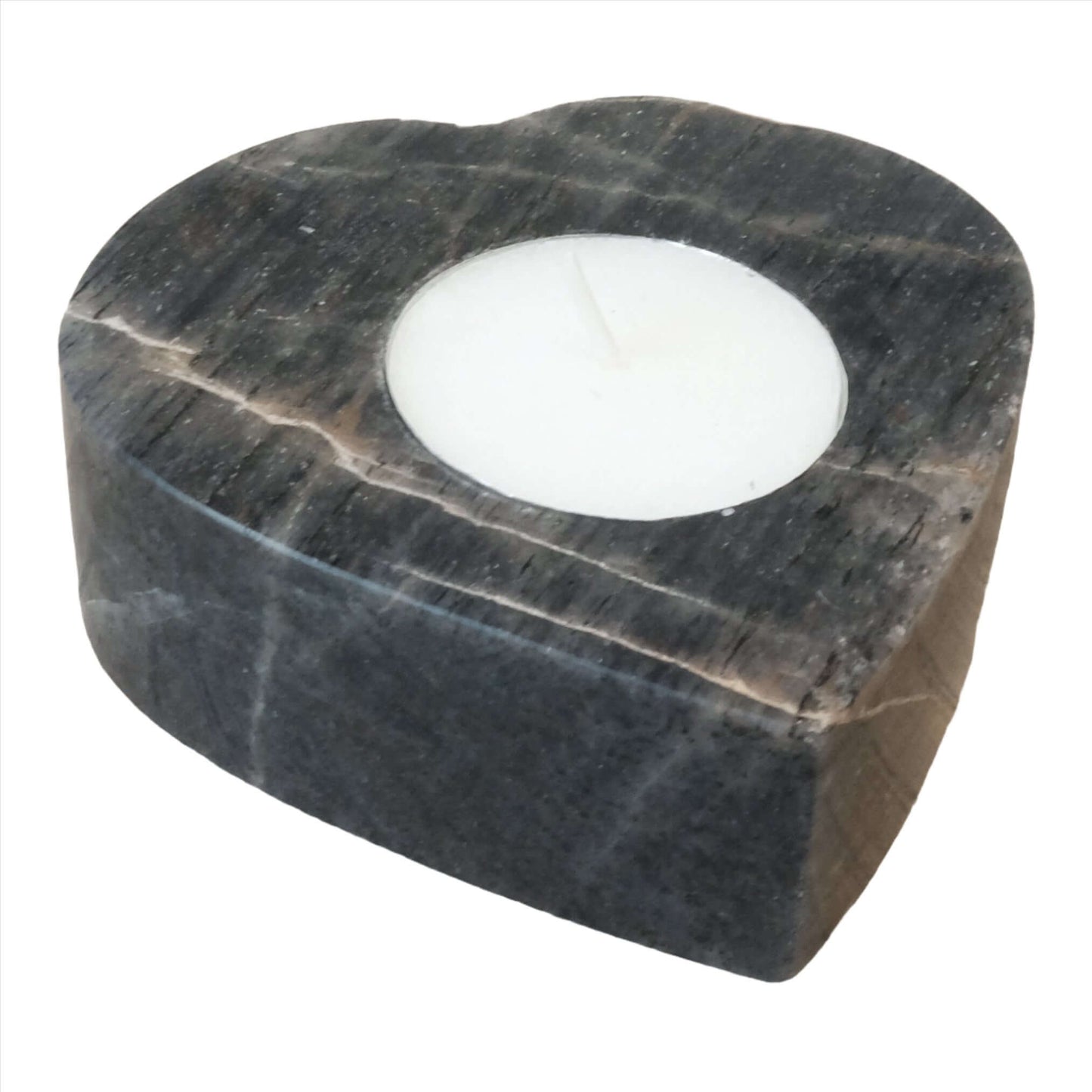 Heart-shaped tealight candle holder made from blue aventurine, promoting balance and inner calm.
