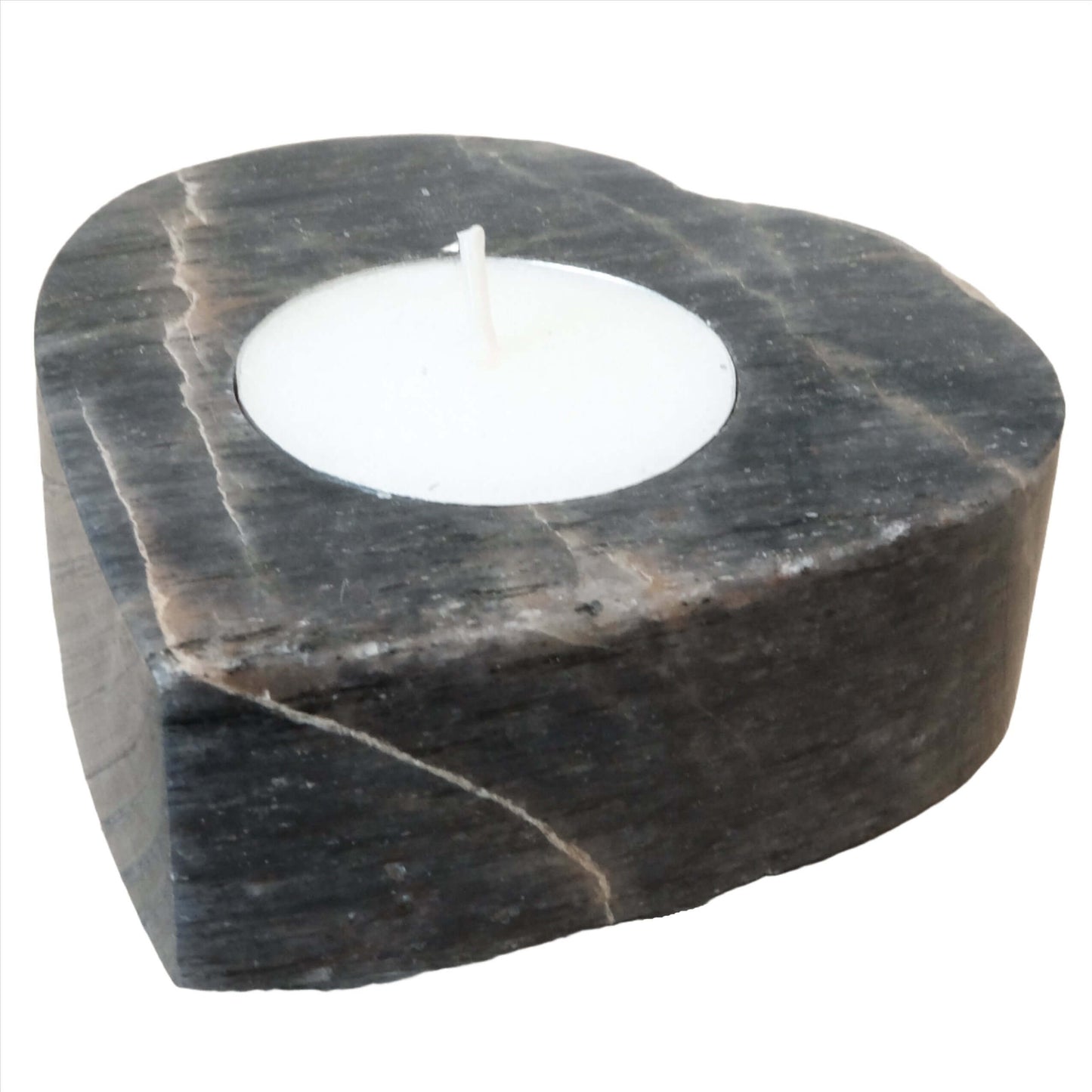 Blue Aventurine heart-shaped tealight candle holder with a white candle, promoting balance and inner calm.