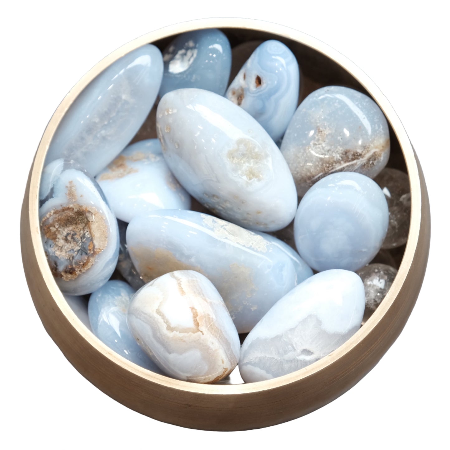 Bowl of polished blue chalcedony agate stones.
