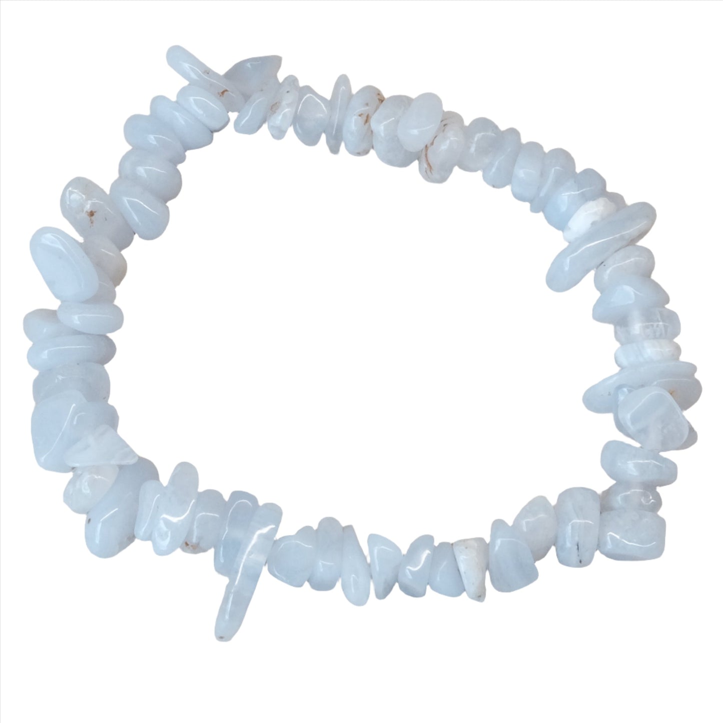 Blue Lace Agate chip bracelet offering calming and healing benefits, ideal for enhancing communication and reducing inflammation.