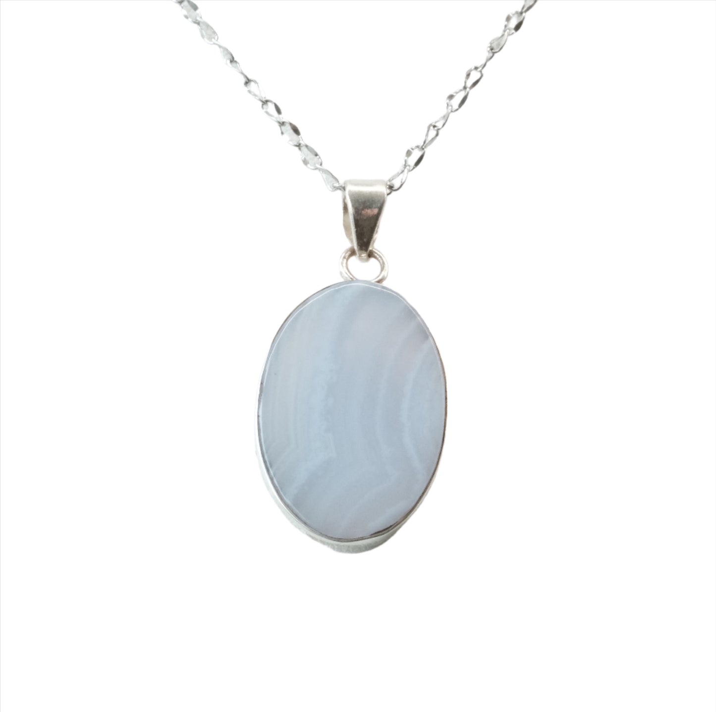 Blue Lace Agate Oval Sterling Silver Pendant Necklace with calming and healing properties for throat and emotional expression.