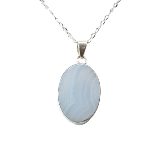 Blue Lace Agate Oval Sterling Silver Pendant Necklace with calming and healing properties for throat and emotional expression.