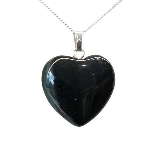 Blue Tiger Eye Heart Pendant on silver chain, small size, polished gemstone jewelry.