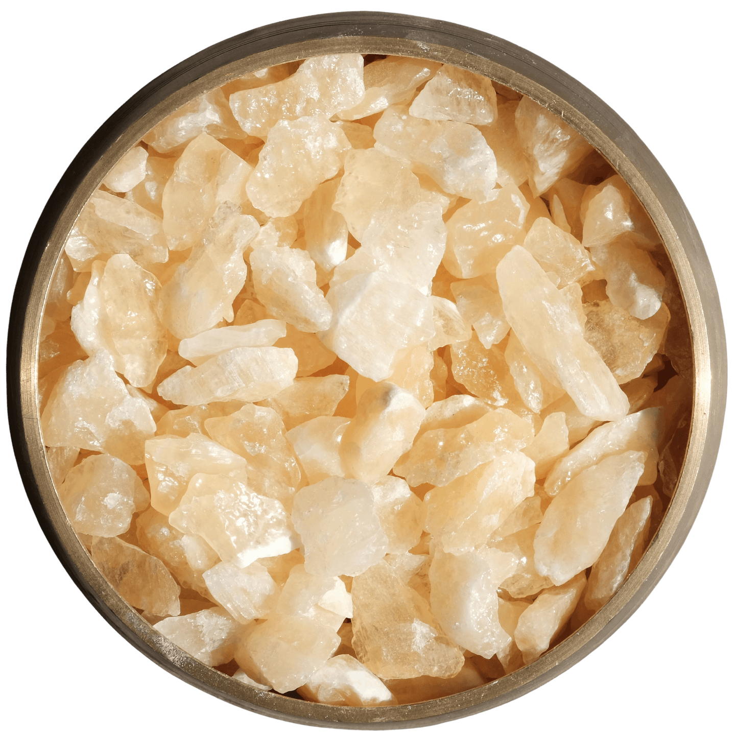 Honey calcite rough stones in a round container, showcasing natural golden hues and crystalline textures.