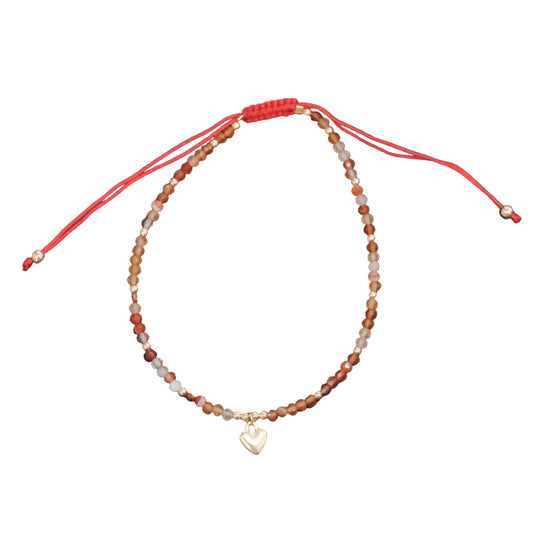 Carnelian Faceted Beads with Heart Charm Drawstring Adjustable Bracelet - Vitality, Confidence & Creative Power