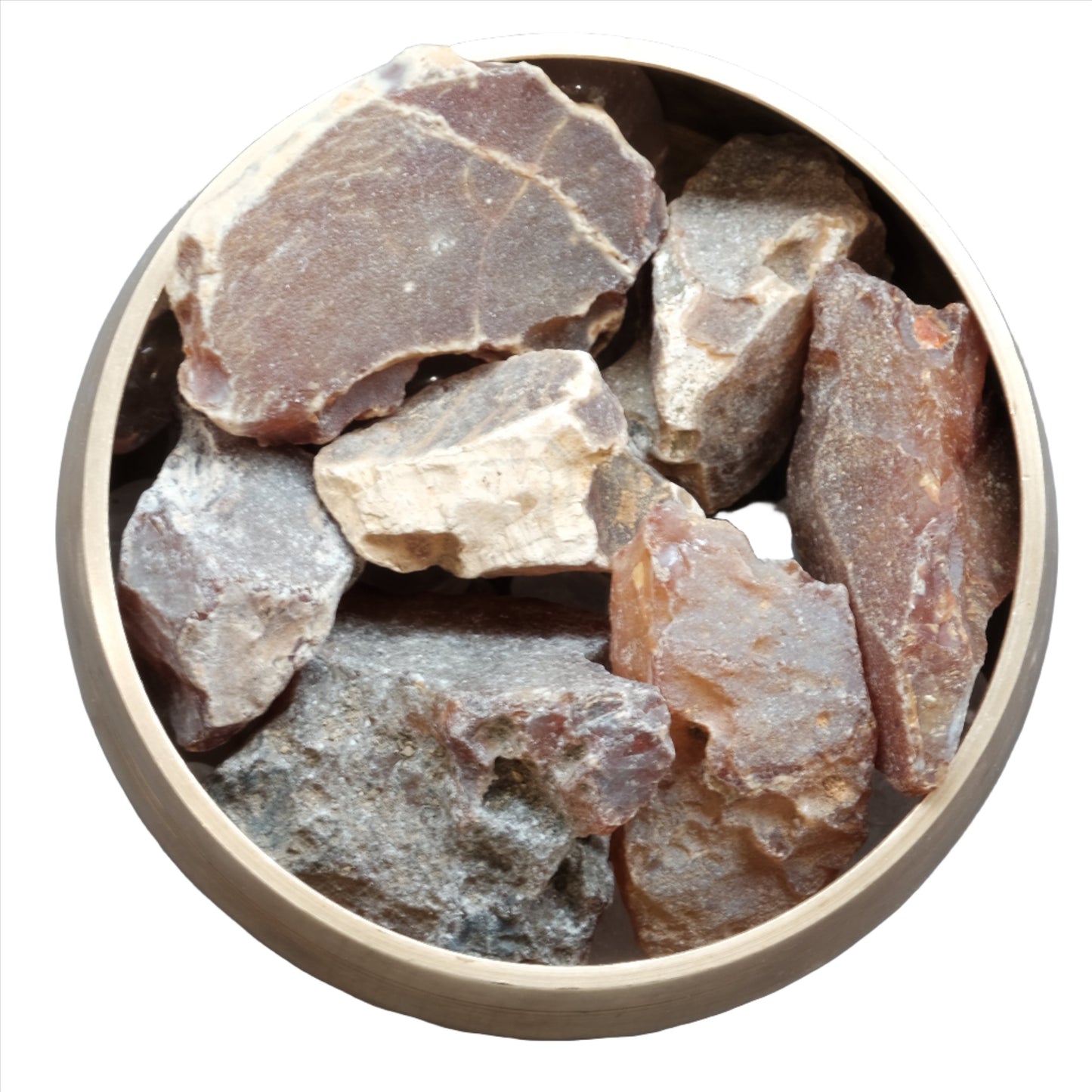Carnelian rough stones in a bowl, promoting creativity, vitality, and healing for physical ailments.
