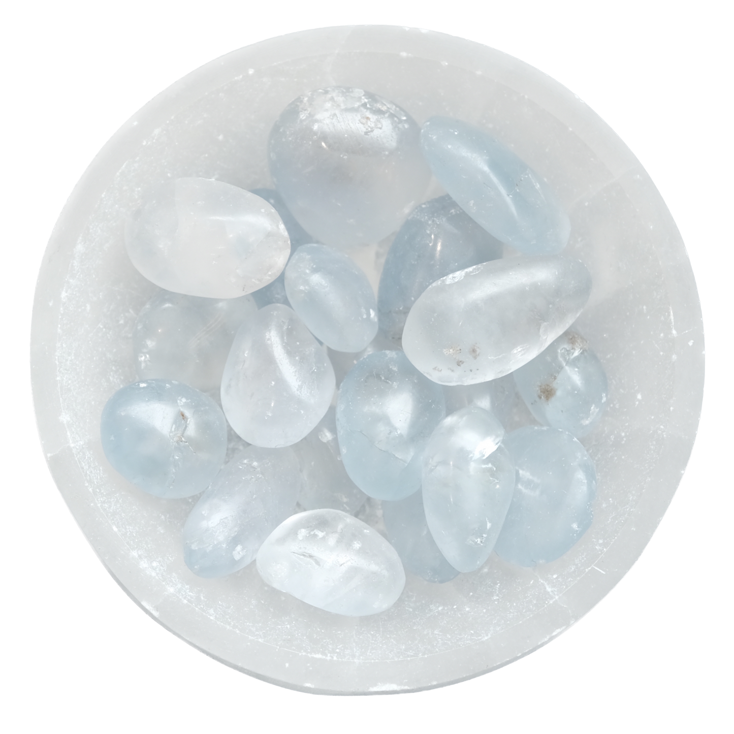 Celestite tumbled stones in a white bowl, promoting peace and energetic healing.