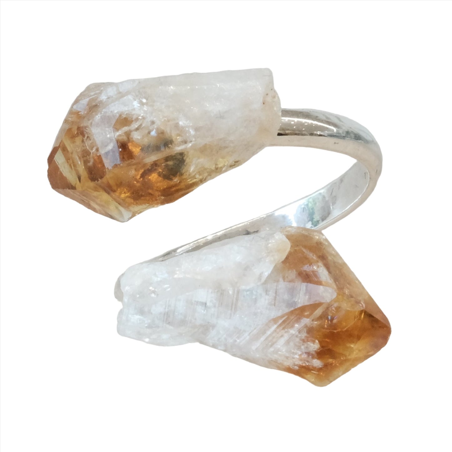 Citrine natural point adjustable ring featuring two raw citrine crystals and a silver band for energy and prosperity.