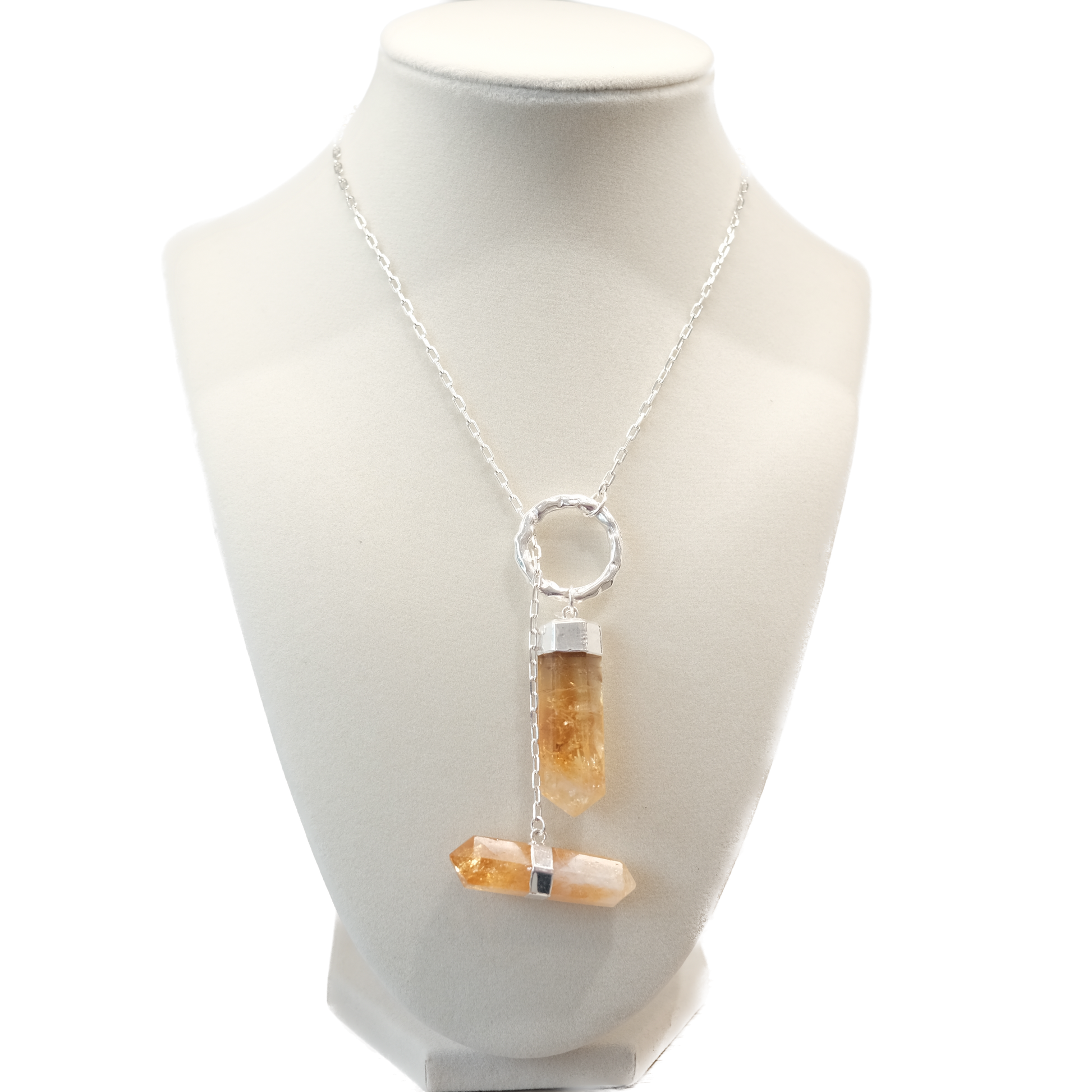 Citrine double point necklace featuring energizing crystals for wealth and intuition on a silver chain.