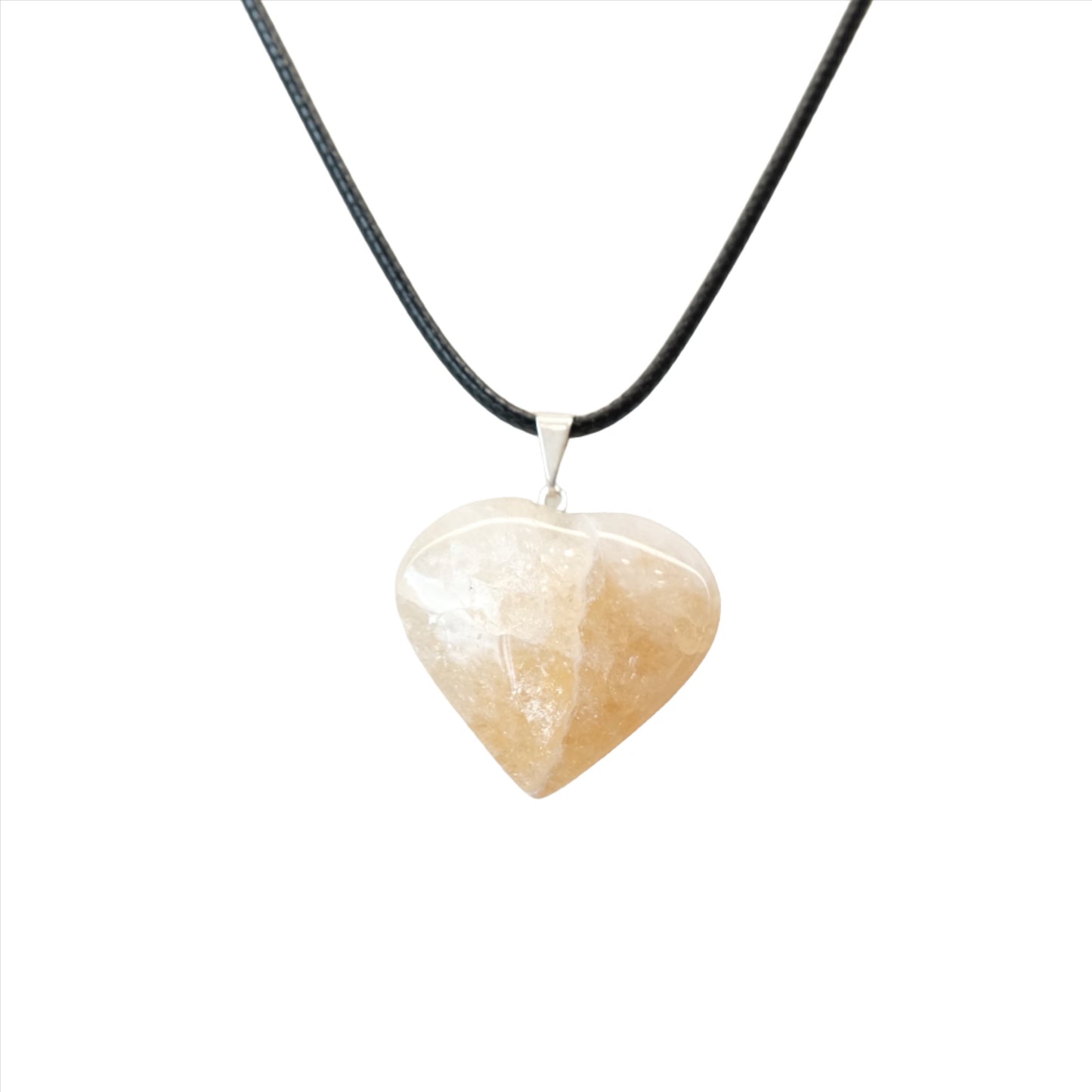 Citrine heart pendant necklace on a black cord, symbolizing energy, success, and self-confidence.