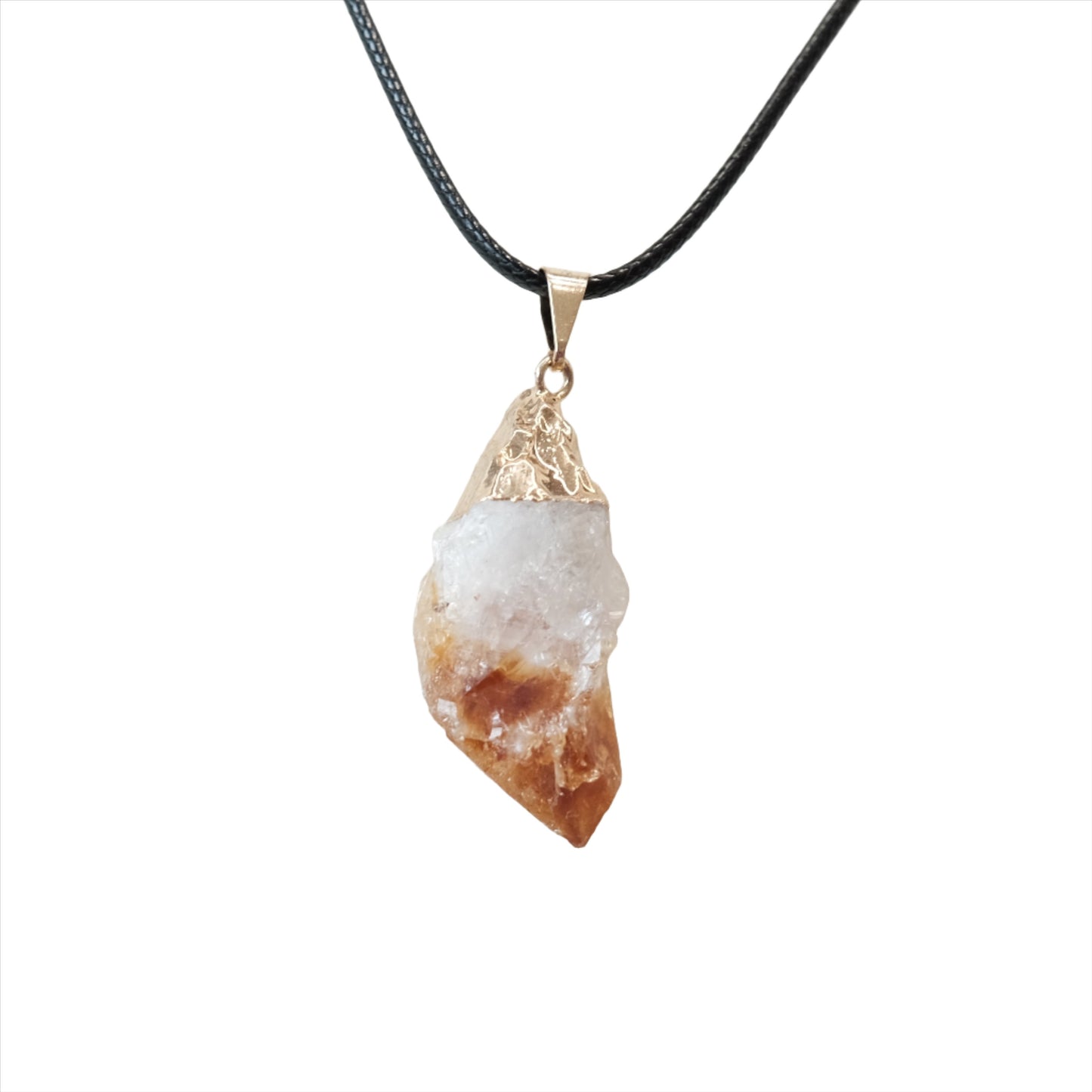 Citrine point pendant necklace with golden cap on a black cord, symbolizing wealth, joy, and self-confidence.