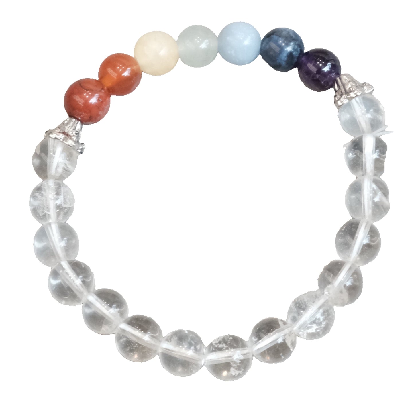 Clear Quartz Energy Center Bracelet with 8MM multi-colored beads, healing and spiritual accessory.
