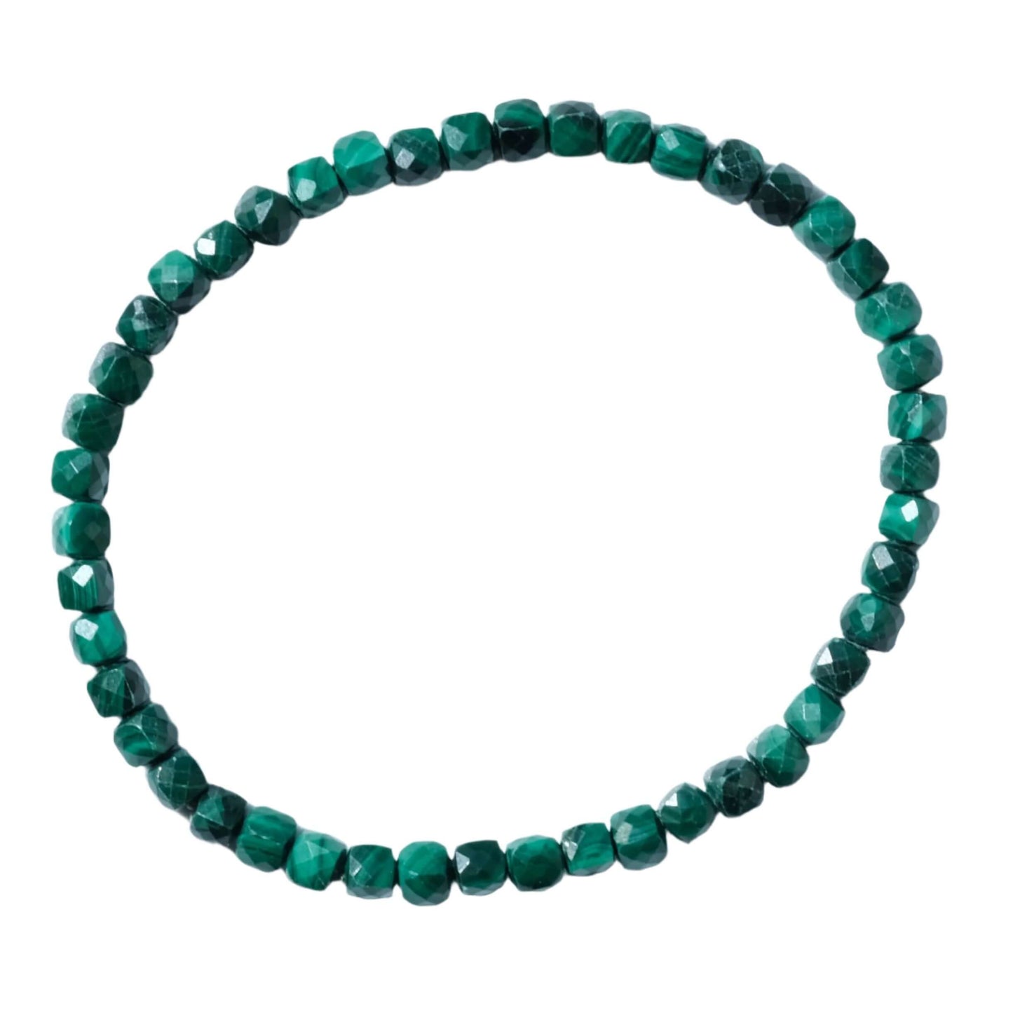 Malachite cube bracelet offering energy protection and love, featuring polished green stones for healing and spiritual growth.