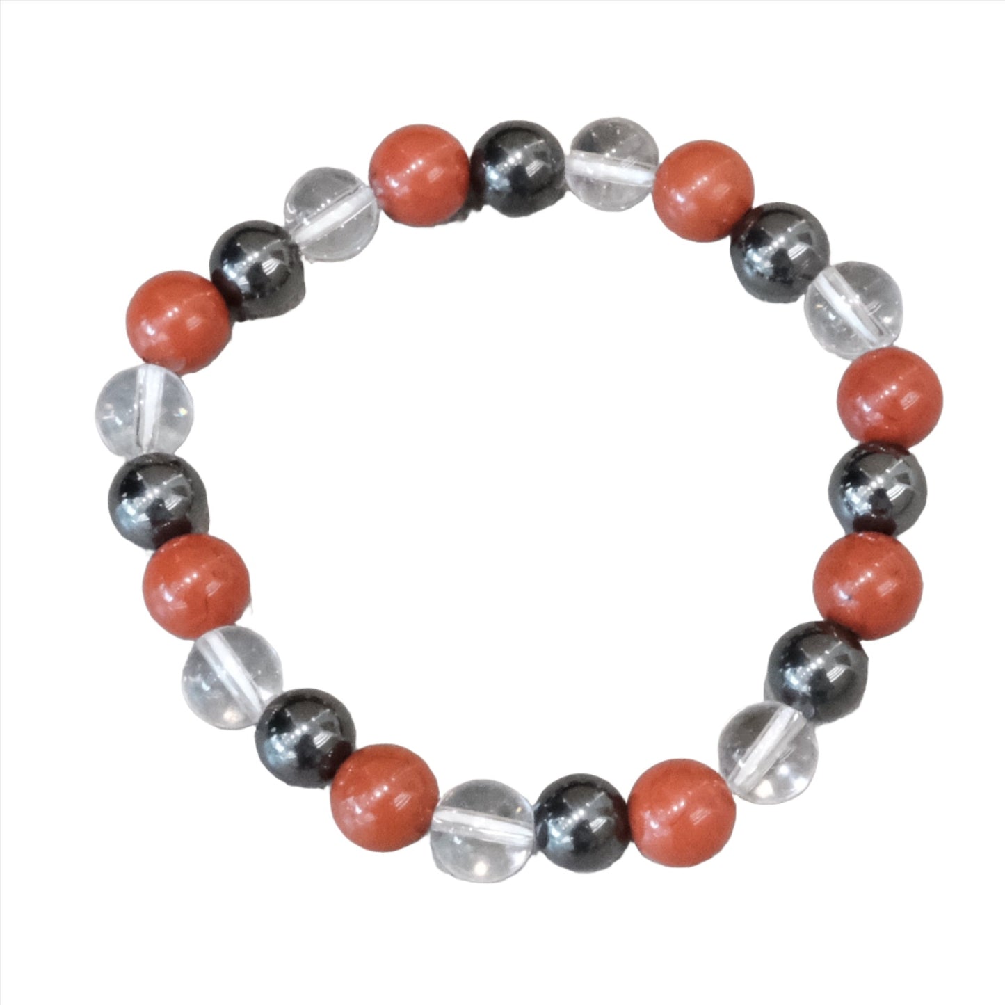 Energy and Vitality Bracelet featuring 8MM Red Jasper, Hematite, and Clear Quartz beads for enhanced strength and balance.