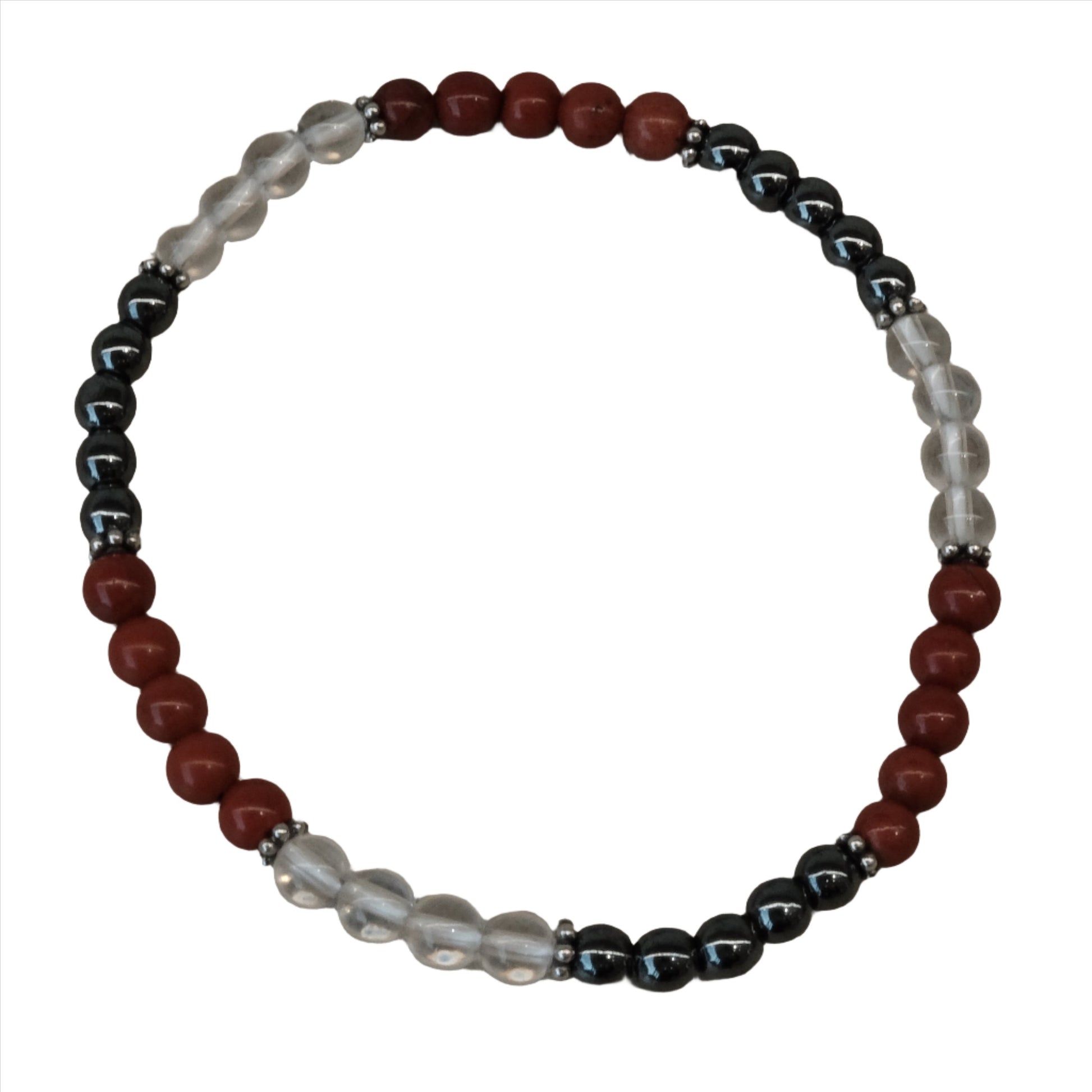 Energy and Vitality Bracelet featuring 4mm Red Jasper, Hematite, and Clear Quartz beads for balance and wellness.