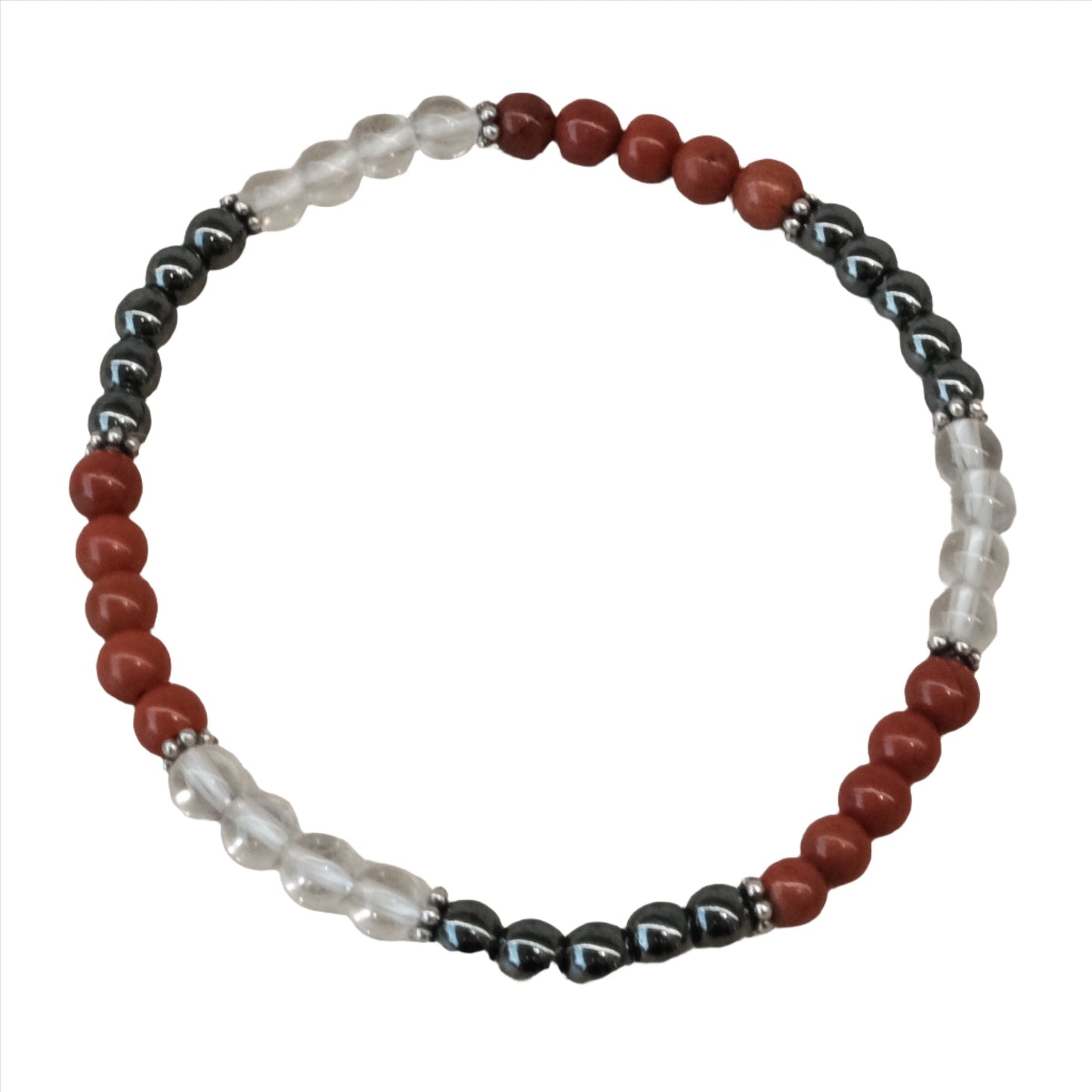 Energy and Vitality Bracelet with 4MM beads of Red Jasper, Hematite, and Clear Quartz. Perfect for boosting energy and vitality.