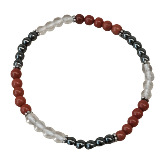 Energy and Vitality Bracelet with 4MM beads of Red Jasper, Hematite, and Clear Quartz. Perfect for boosting energy and vitality.