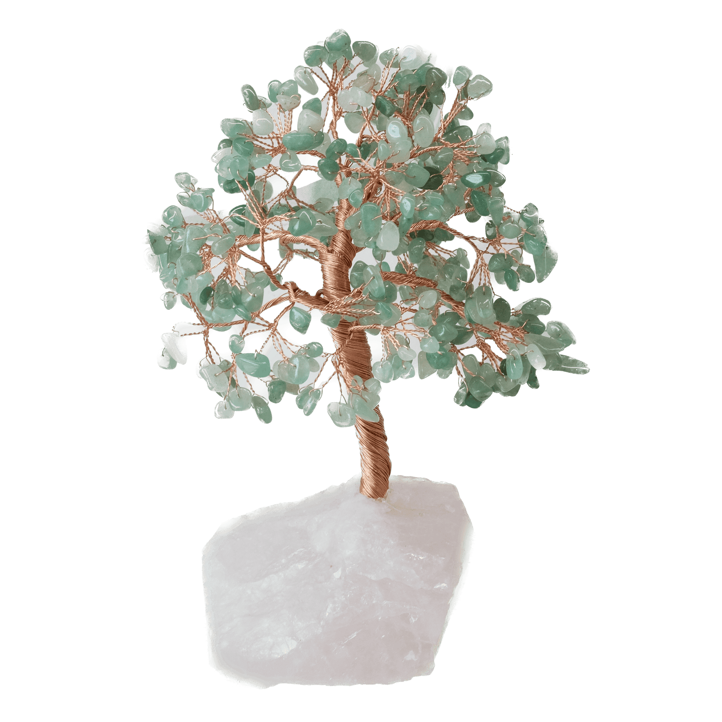 Green Aventurine Gem Tree with Rose Quartz Base, handmade with 414 semi-precious stones, standing 8 inches tall.