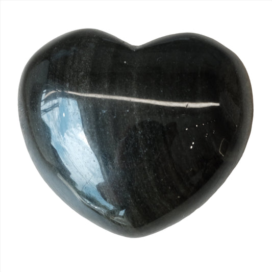 Golden sheen obsidian puff heart promoting healing and balance, showcasing its smooth surface and unique sheen.