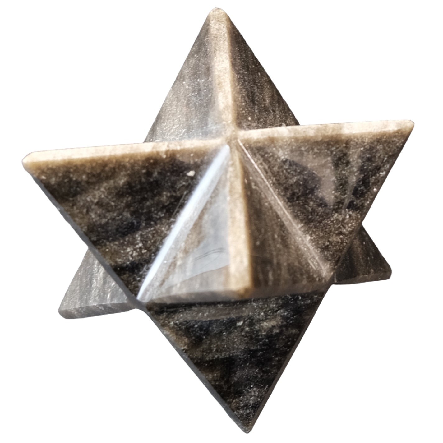 Golden Sheen Obsidian Merkaba crystal star, showcasing its unique shimmering patterns and geometric design.
