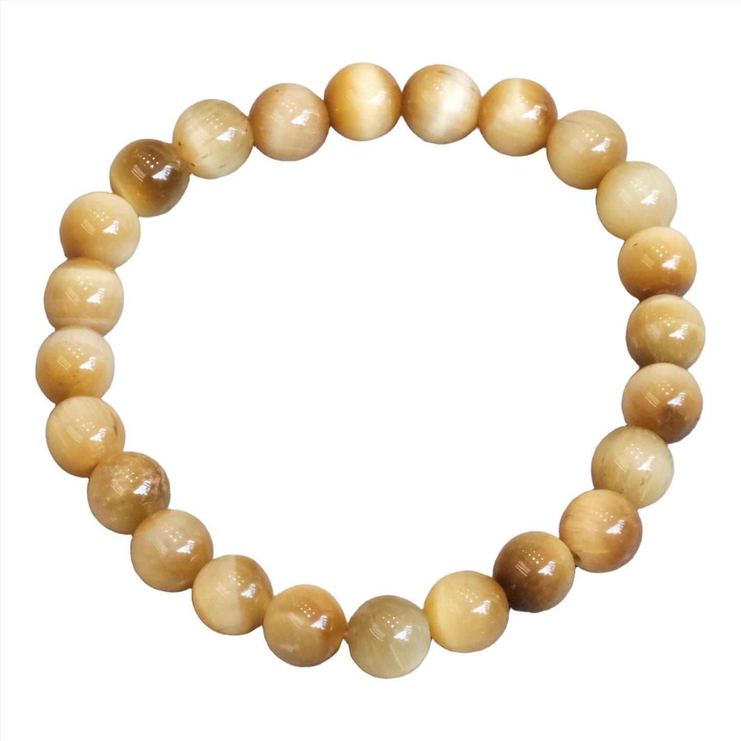Honey Tiger Eye Bracelet featuring 8mm beads, promoting calmness and positive energy with its striking honey-colored gemstones.