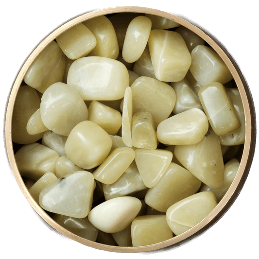 Tumbled Nephrite Jade stones in a round wooden bowl promoting serenity, purity, and tranquility.