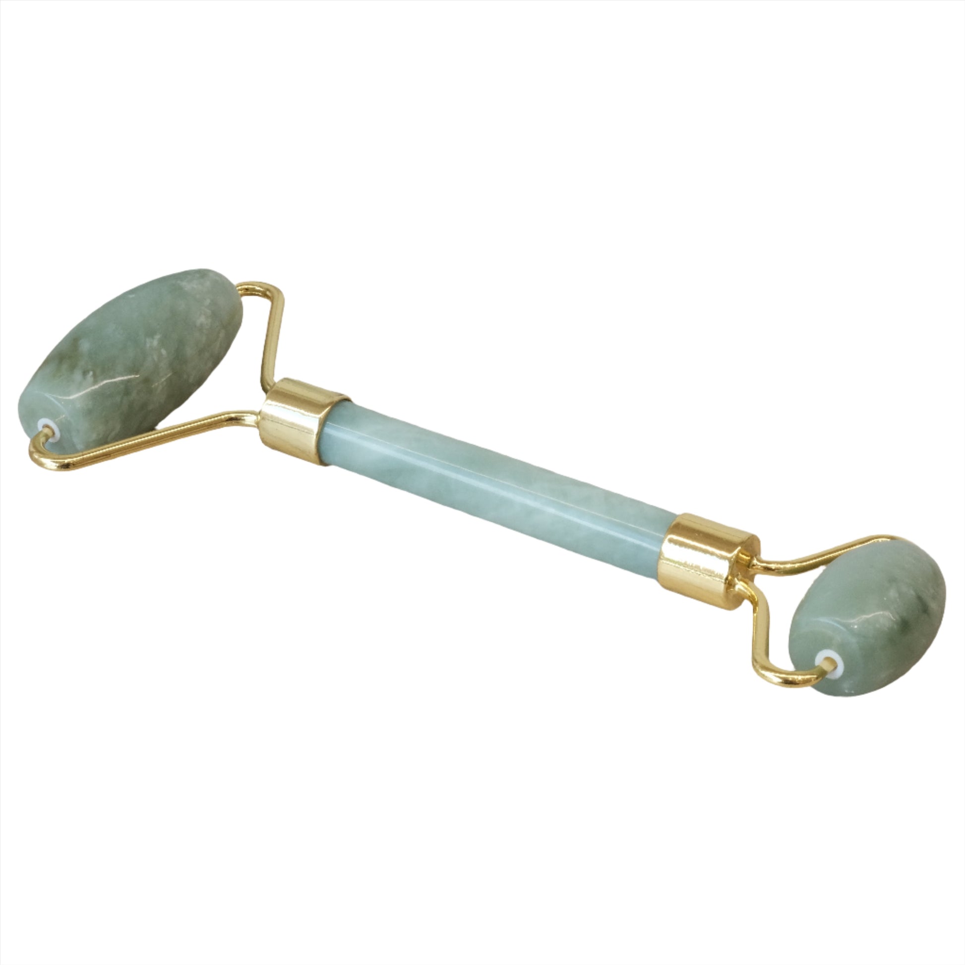 Jade double part massage roller with gold accents, promoting serenity, protection, and tranquility in skincare routines.