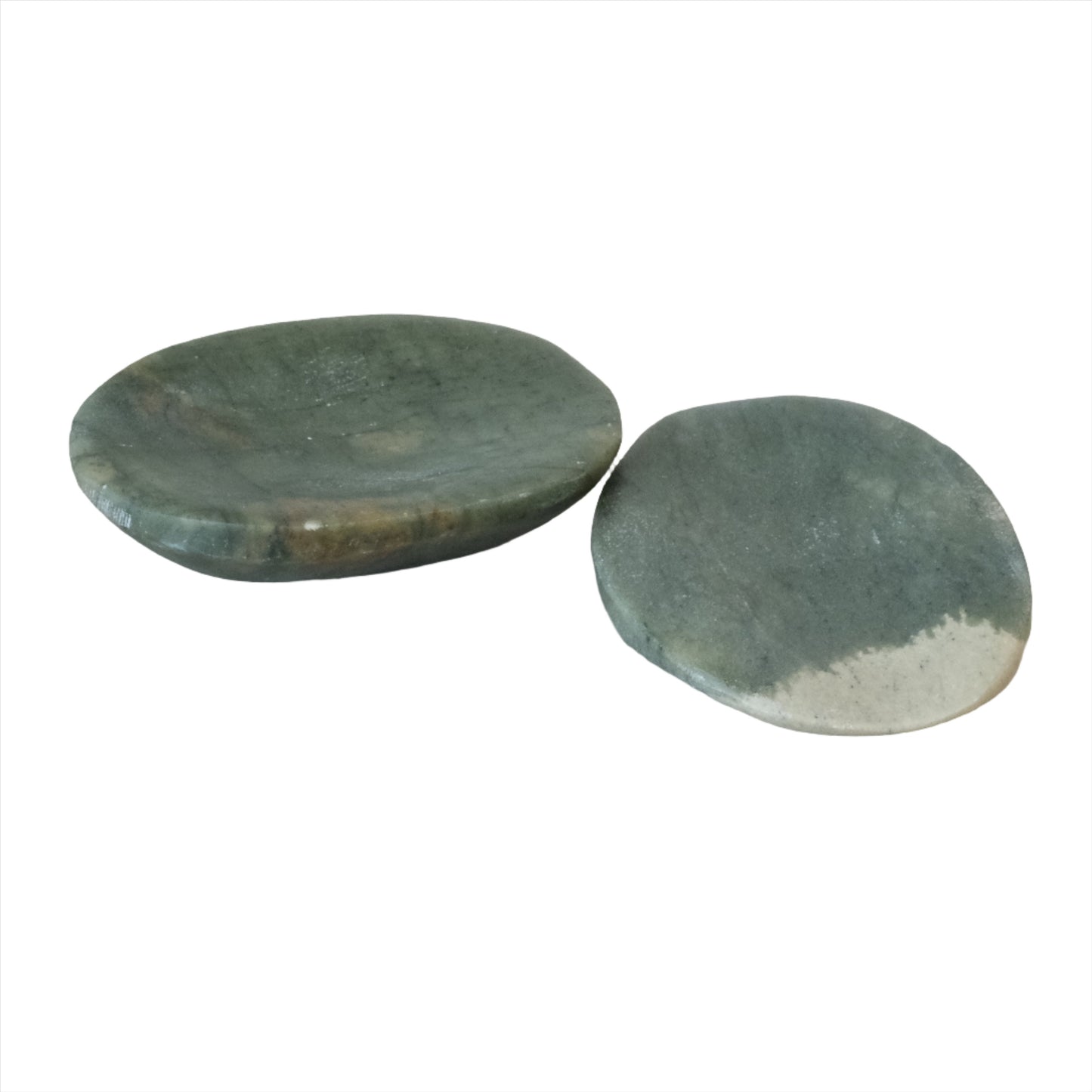 Two smooth jade worry stones, symbolizing serenity and tranquility, ideal for stress relief and emotional balance.