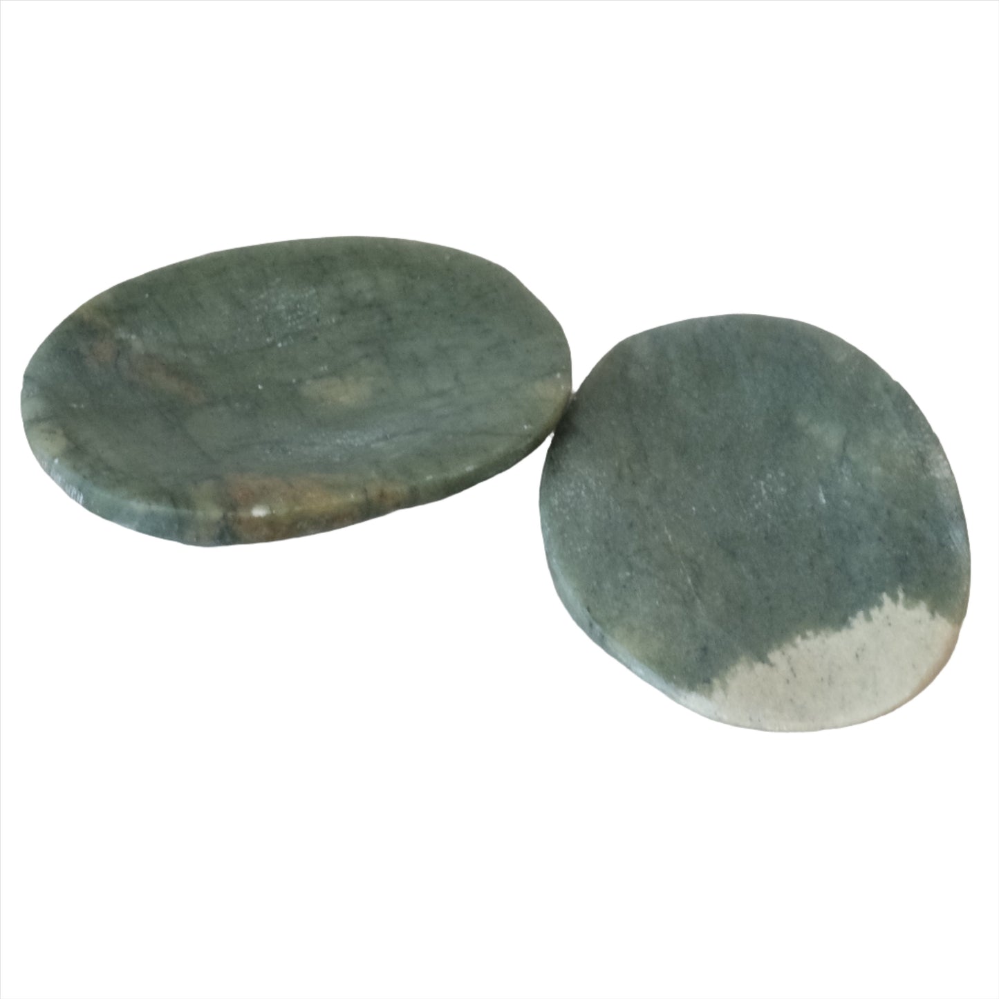 Two polished jade worry stones symbolizing tranquility, purity, and protection for calm and nurturing energy.