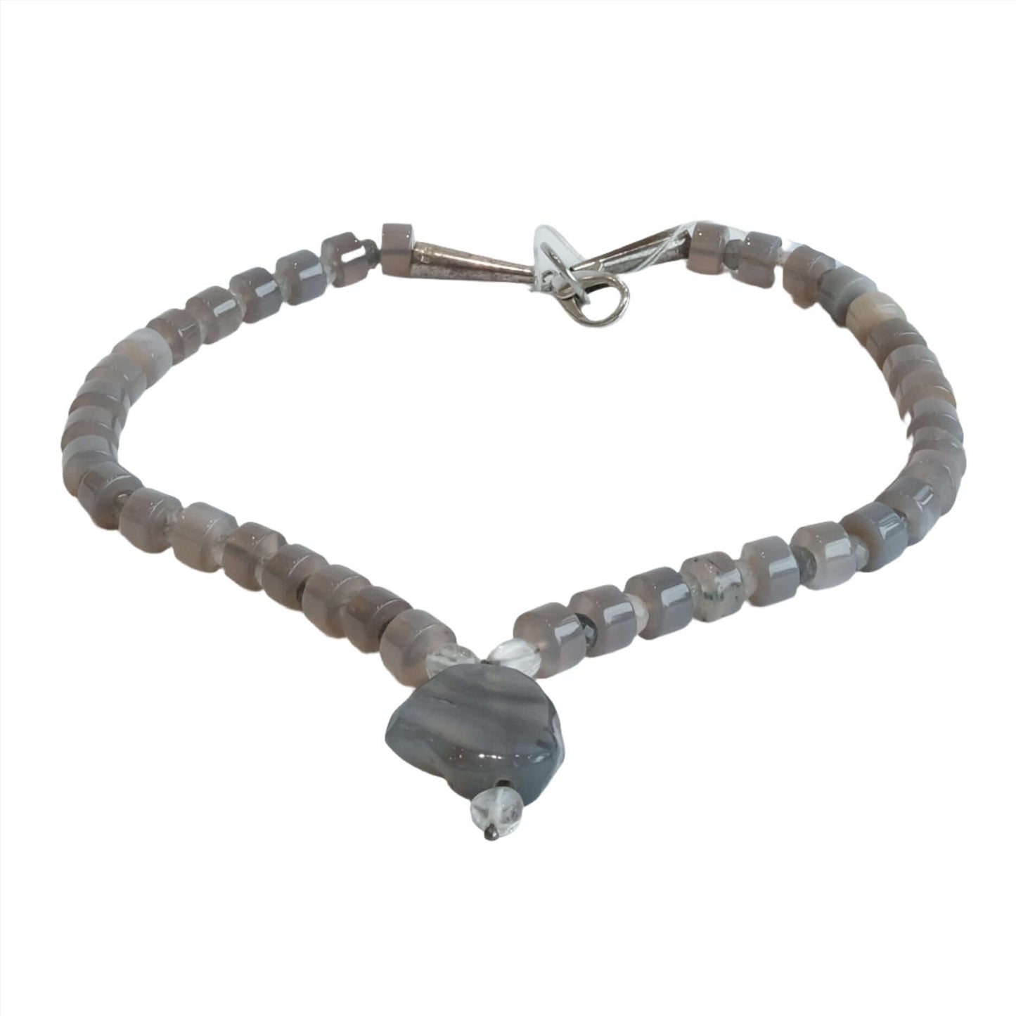 Agate necklace featuring a smokey quartz drop, showcasing elegant bead design and secure clasp.